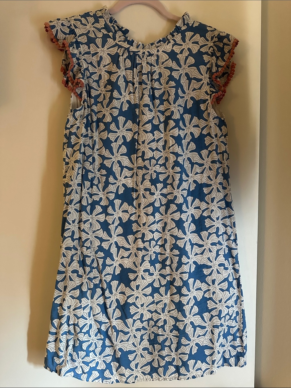 THML Blue Dress with White Floral Embroidery and Coral Trim